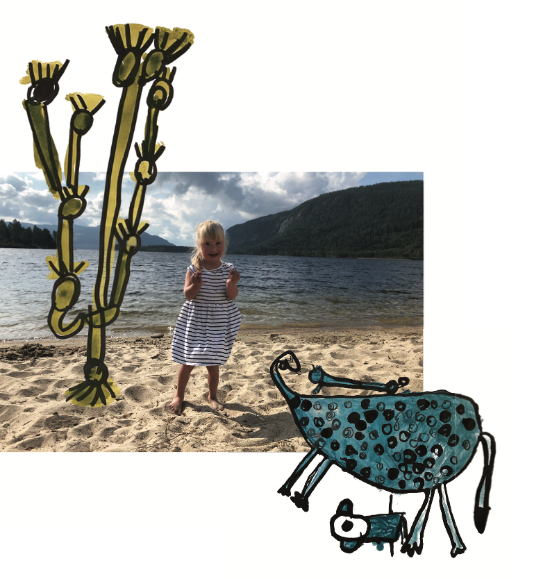 Eine Zeichnung zweier Kühe und einer Pflanze vor dem Foto eines kleinen Mädchens mit Down-Syndrom